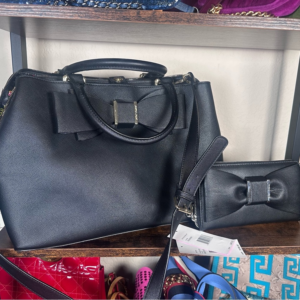 Betsey Johnson Black Bow Satchel Crossbody and Clutch Wallet Set